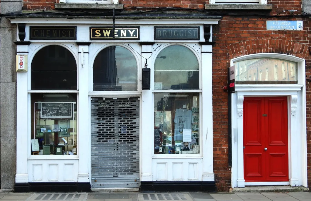 13th April 2020, Dublin, Ireland. Sweny's chemist, the pharmacy featured in James Joyce's Ulysses. The store, located in Lincoln Place, is no longer a pharmacy and now sells secondhand books & crafts.