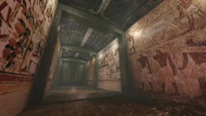 A 3D rendered image of a tomb in ancient Egypt. A long marble corridor with old wall paintings, hieroglyphs and symbols on the wall.