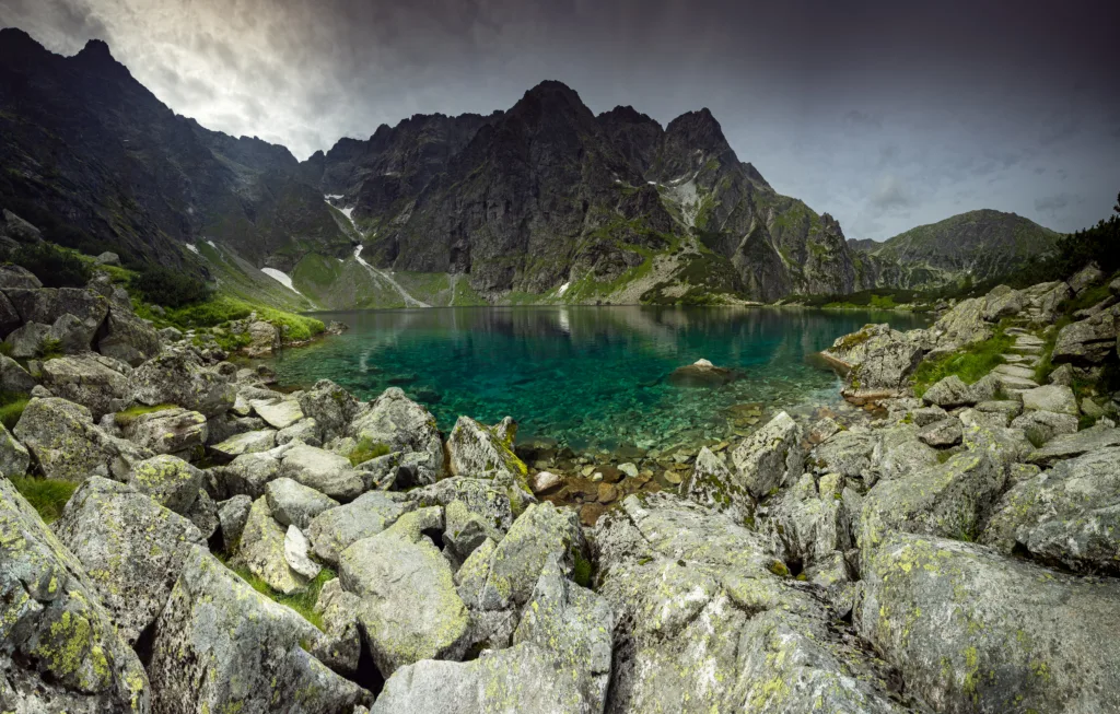 Black Lake below Mount Rysy , Black Pond under Rysy. The highest peak in Poland.