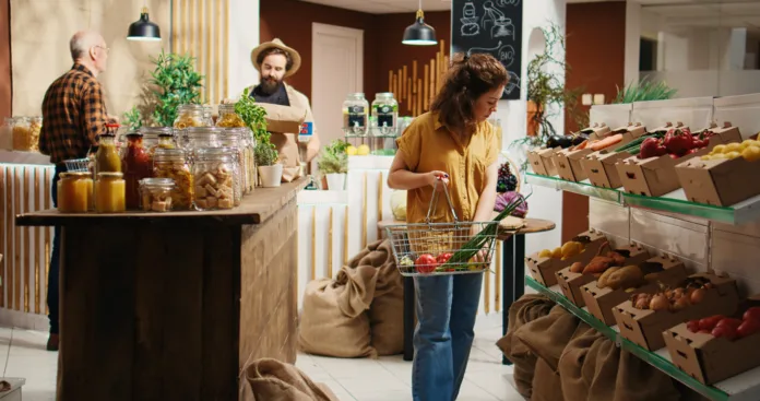 Bustling zero waste supermarket full of customers roaming around aisles looking for organic pantry staples. Local neighborhood shop where customers shop for fruits, vegetables, grains, spices, pasta