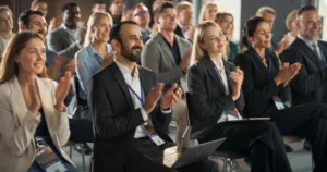 Crowd of Smart Tech People Applauding in Conference Hall During a Motivational Keynote Presentation By Innovative Company. Business Technology Summit Auditorium Room Full of Corporate Delegates.