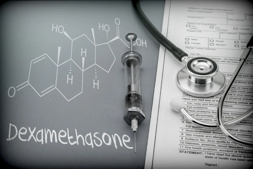 Dexamethasone, schematic chemical, palliative care against tuberculous meningitis, conceptual image