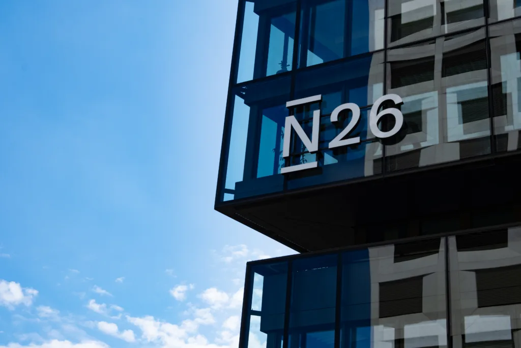 N26 logo German digital bank on glass facade, modern approach to finance, innovation and financial technology, Berlin, Germany - August 16, 2024