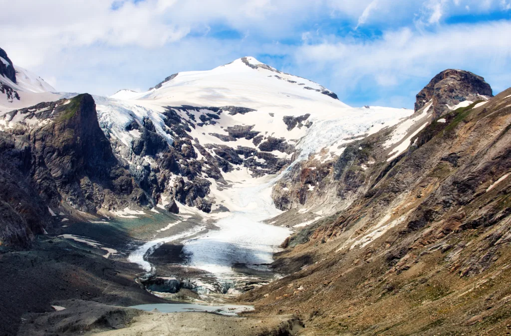 View of Grossglockner, Austria's highest mountain peak. Below is the Pasterze Glacier. Photo taken from Kaiser-Franz-Josefs-Höhe, which is accesible via Großglockner Hochalpenstraße