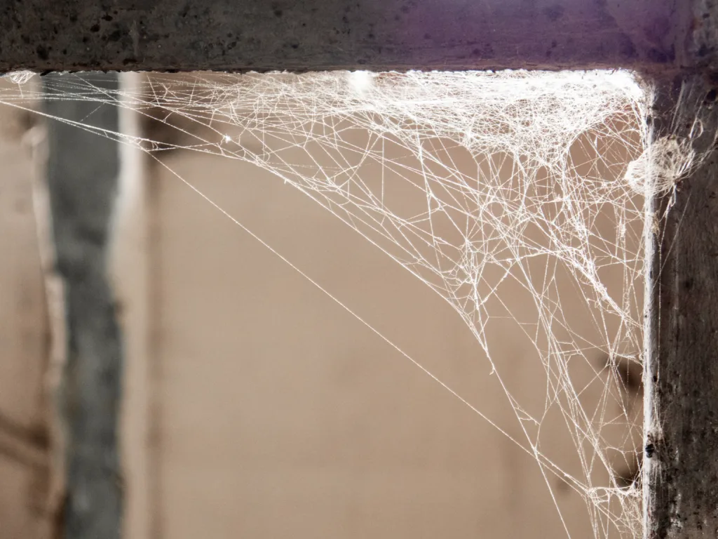 White threads of spider web on corner of metal beams intersection close up view