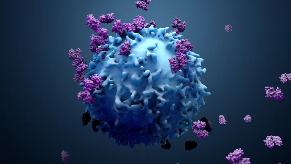 3d illustration proteins with lymphocytes , t cells or cancer cells