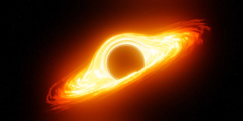 Black hole and a disk of glowing plasma. Supermassive singularity in outer space. 3d render