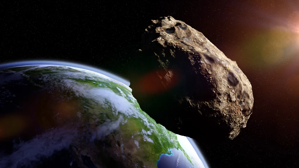 meteorite from outer space, falling toward planet Earth, dramatic science fiction scene