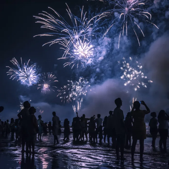 New Year's celebration on the beach. People watching the fireworks at the water's edge.