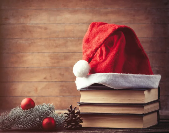 Santas hat and pine brench with books on wooden table.