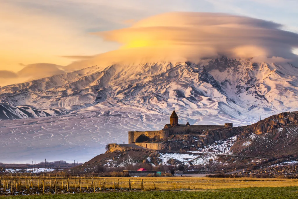 Sunrise over Ararat in Armenia with Khor Virap Monastery