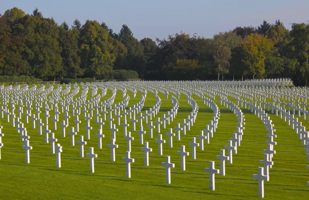 Thousands of Crosses and Stars of David mark the graves of American soldiers who died during the Battle of the Bulge and in other European conflicts during WW II