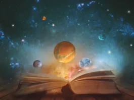 Book of the universe - opened magic book with planets and galaxies. Elements of this image furnished by NASA