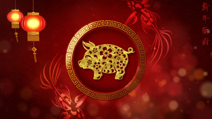 Chinese New Year also known as the Spring Festival. Loop digital particles background with Chinese ornament decoration, cherry blossom and Chinese calligraphy means good health, good luck, good fortune