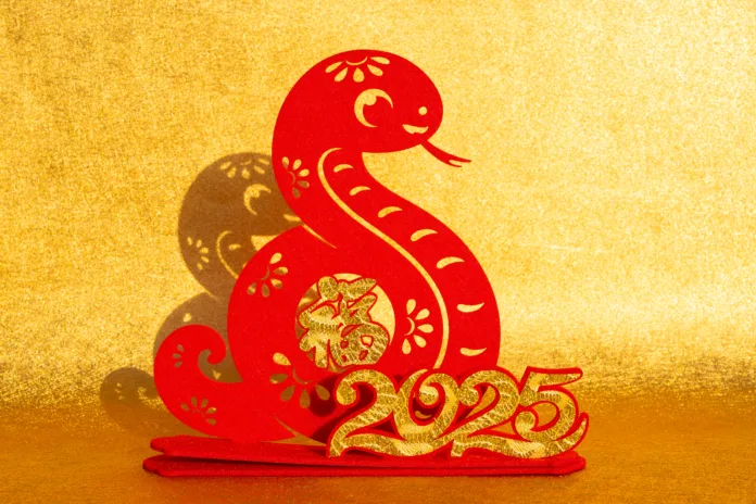 Chinese New Year of Snake mascot on gold background the Chinese character means fortune no logo no trademark