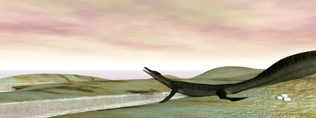 Mesosaurus dinosaur laying eggs on the coast by day - 3D render